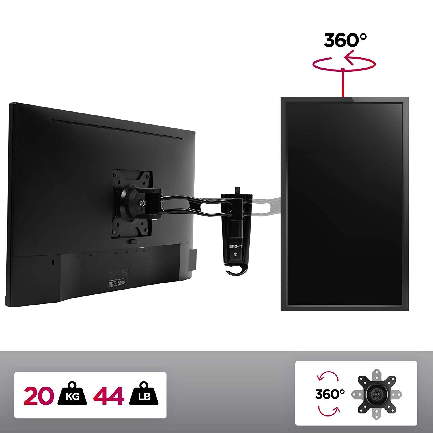 Duronic Monitor Arm Wall Mount holding a horizontal screen and a vertical screen rotating 360 degrees.