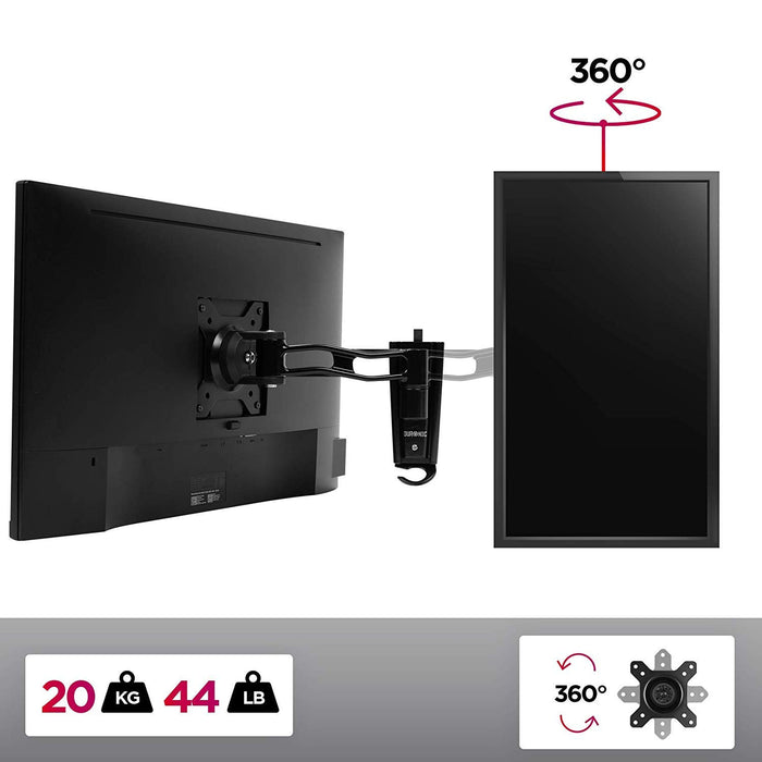 Duronic Monitor Arm Wall Mount holding a horizontal screen and a vertical screen rotating 360 degrees.