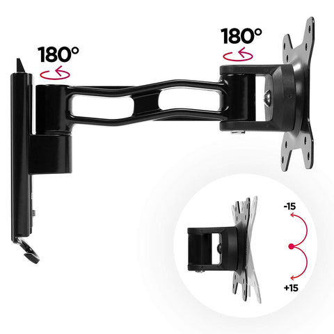 Duronic Monitor Arm Wall Mount showing 180-degree swivels and 15-degree tilt range.