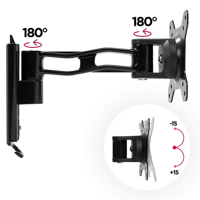 Duronic Monitor Arm Wall Mount showing 180-degree swivels and 15-degree tilt range.