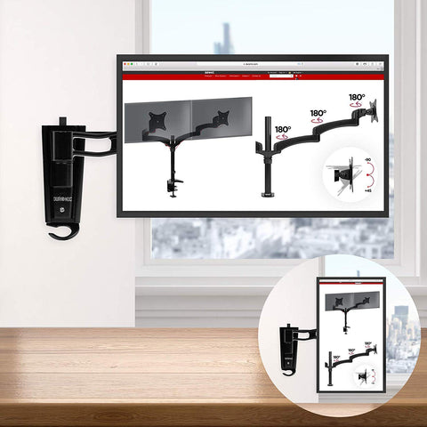 Duronic Monitor Arm Wall holding a screen rotated in landscape and portrait views.