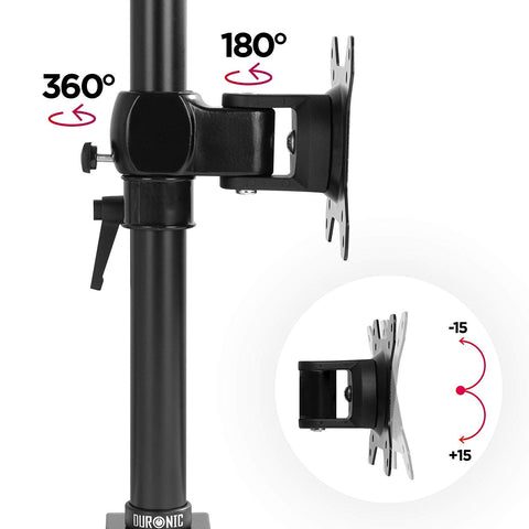 Duronic Monitor Stand Dual Adjustable black monitor mount arm showing 360 rotation, 180 swivel, and 15 degree tilt capabilities.