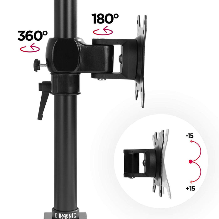 Duronic Monitor Stand Dual Adjustable black monitor mount arm showing 360 rotation, 180 swivel, and 15 degree tilt capabilities.
