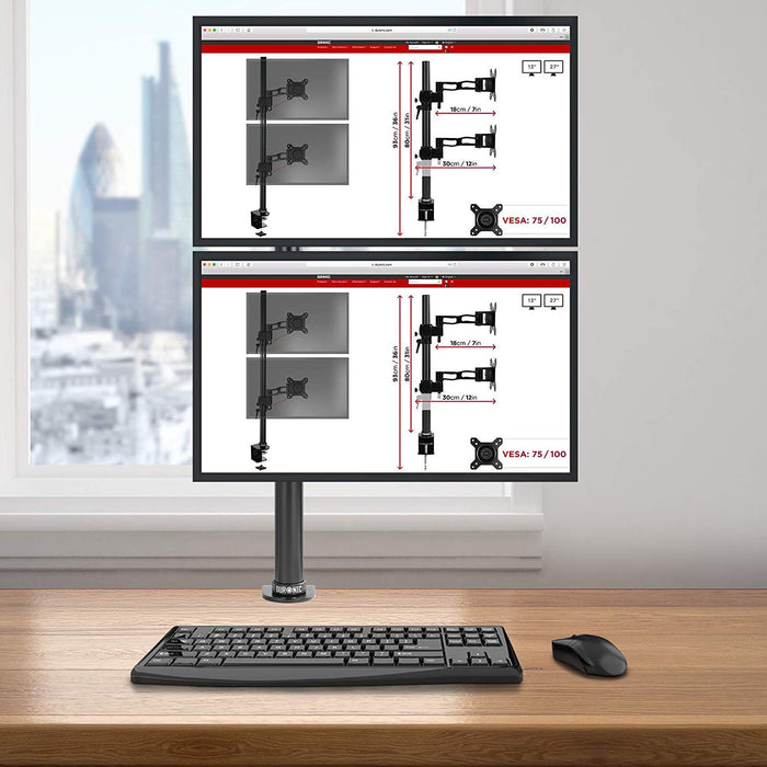 Duronic Monitor Stand Dual displaying product specifications on two screens over a keyboard.