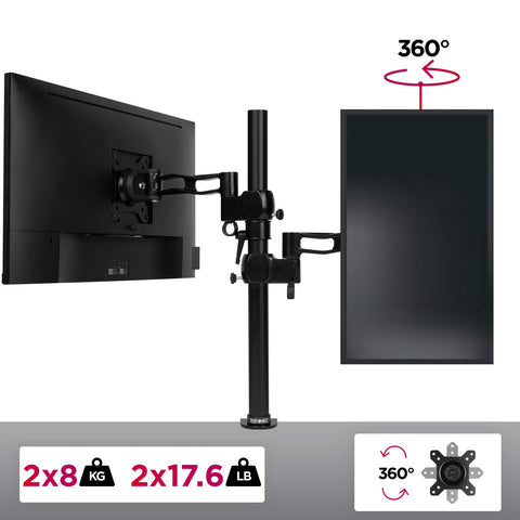 Duronic Monitor Stand Dual featuring 360-degree rotation and 17.6 lb capacity.