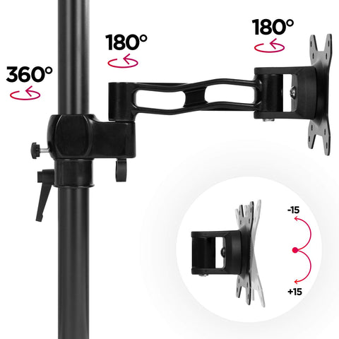 Duronic Monitor Stand Dual showcasing 360° pole rotation, dual 180° swivels, and ±15° VESA plate tilt.
