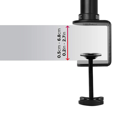 Duronic Monitor Stand Dual showing compatible tabletop thickness ranging from 0.5cm to 6.8cm for mounts.