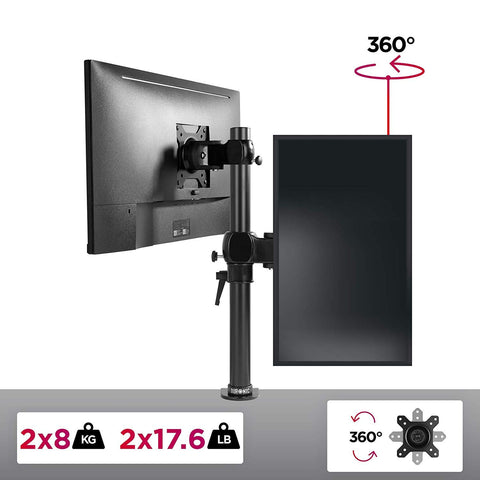 Duronic Monitor Stand Dual showing three sixty degree rotation and weight capacity.