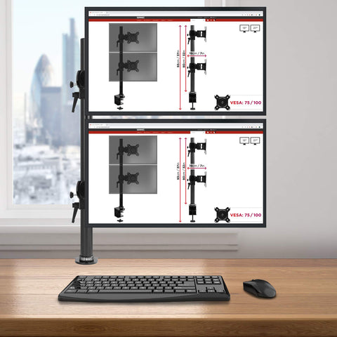 Duronic Monitor Stand Dual with dual stacked monitors with keyboard and mouse below