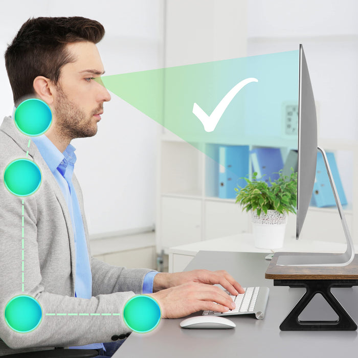 Duronic Monitor Stand Riser with man maintaining proper posture, straight neck, and eye-level screen.