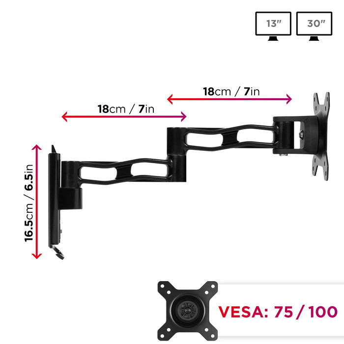 Duronic Monitor Wall Mount dimension diagrams for thirteen to thirty inch screens.