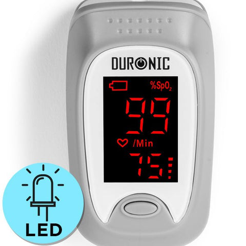 Duronic Oximeter with a red LED display showing a 99% blood oxygen saturation level and a heart rate of 75 beats per minute.