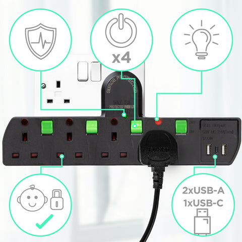 Duronic Plug Adapter with 4 individually switched UK sockets, USB ports, and safety icons.