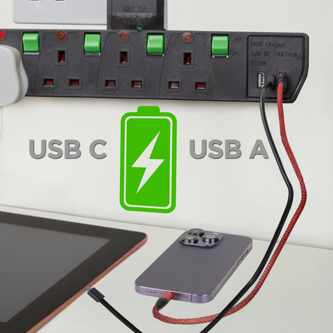 Duronic Plug Adapter with USB-C and USB-A ports charging a smartphone on a desk.