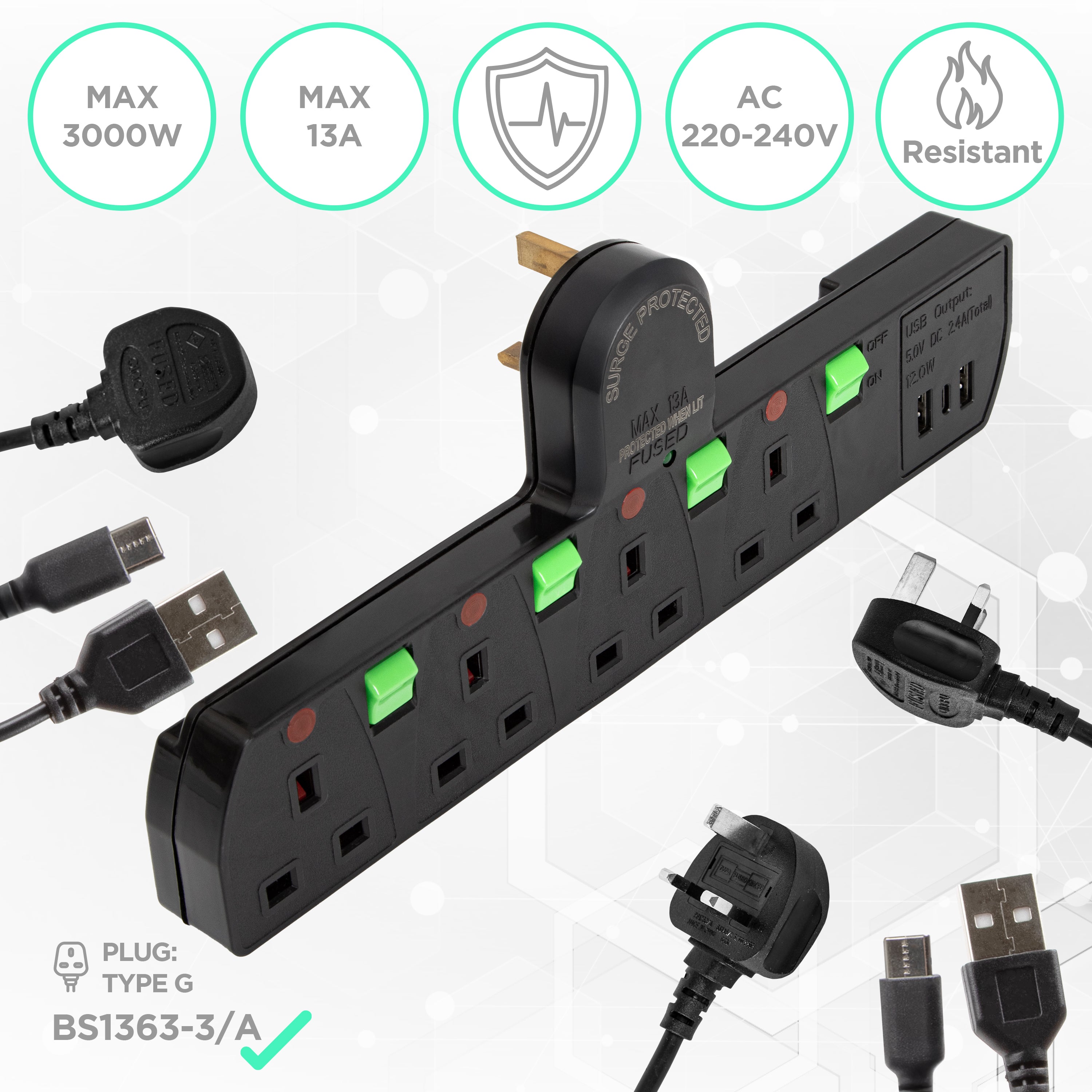 Duronic Plug Adapter with USB ports, individual switches, and UK plugs.