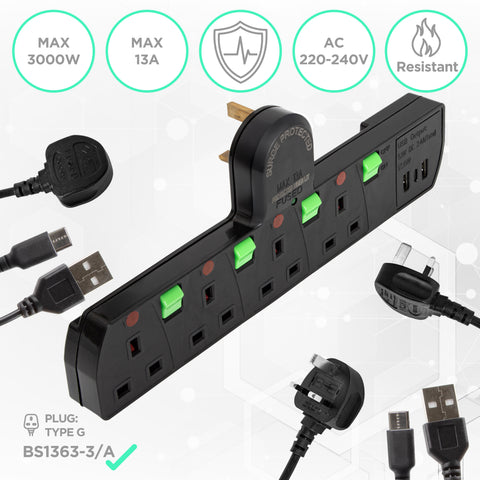 Duronic Plug Adapter with USB ports, individual switches, and UK plugs.