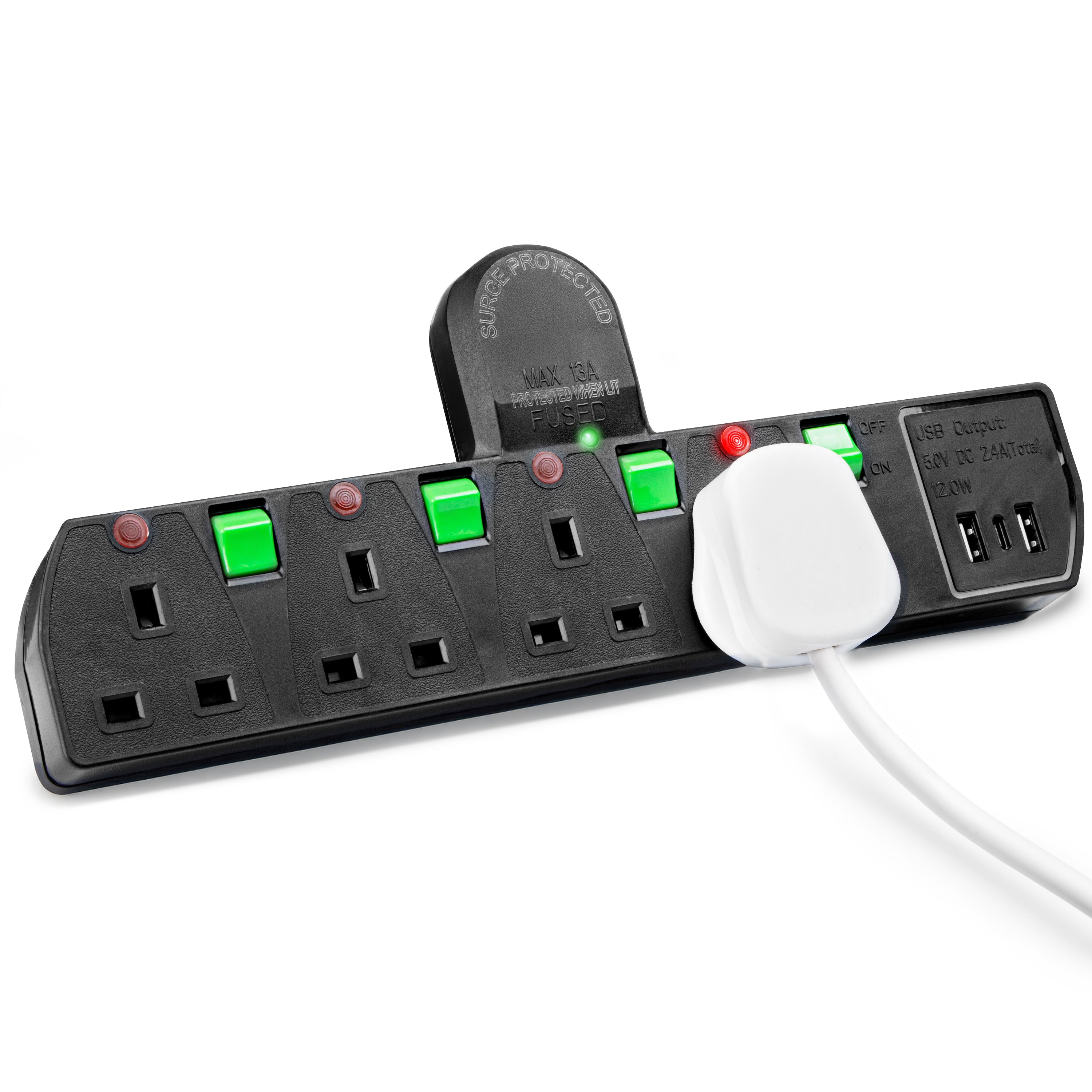 Duronic Plug Adapter with green individual switches, UK outlets, and two USB ports.