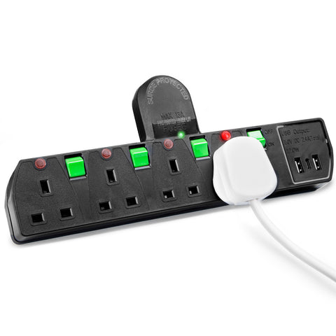 Duronic Plug Adapter with green individual switches, UK outlets, and two USB ports.
