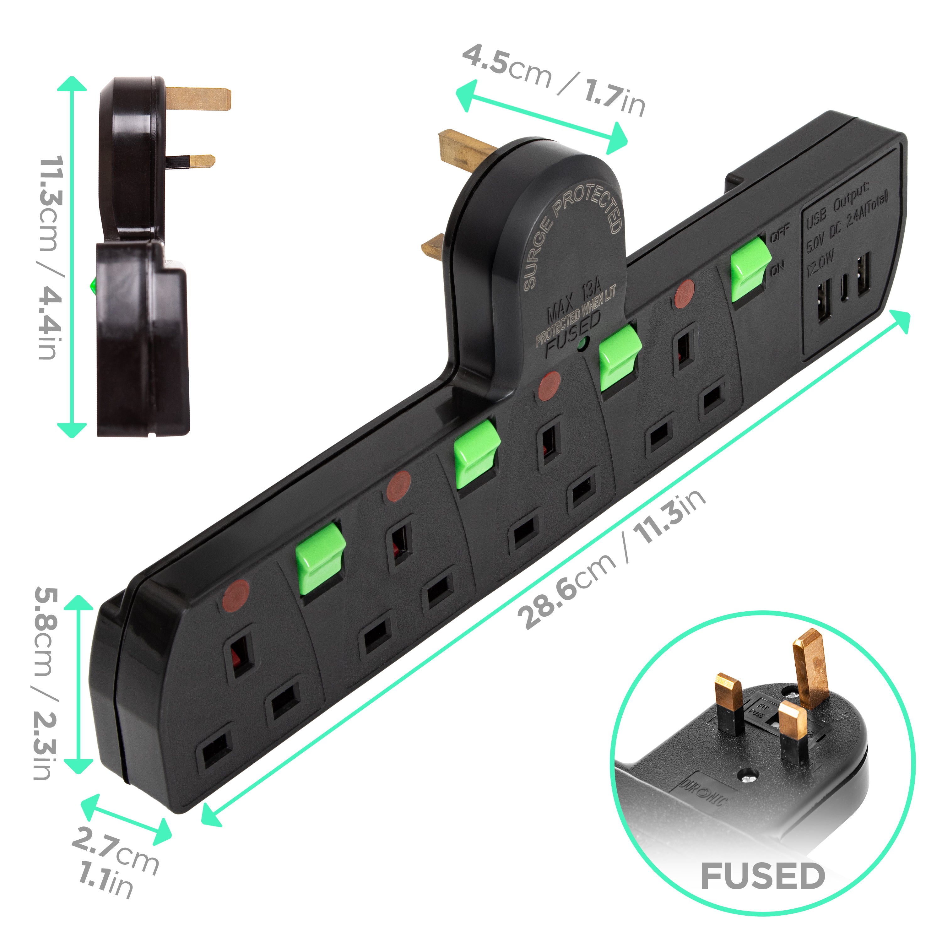 Duronic Plug Adapter with individual green switches, USB ports, and specific product dimensions.