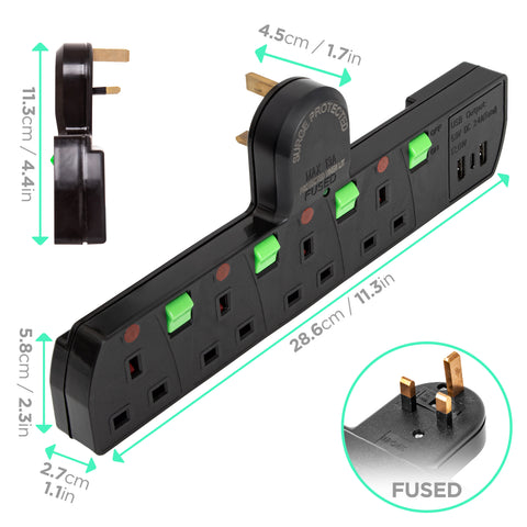Duronic Plug Adapter with individual green switches, USB ports, and specific product dimensions.