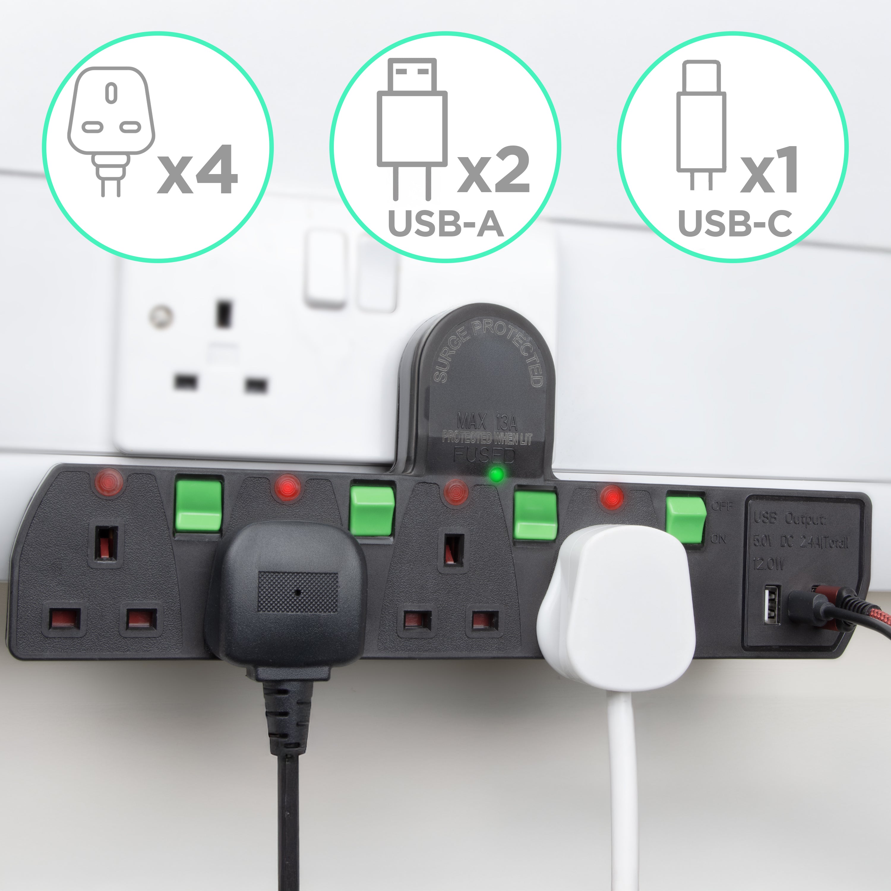 Duronic Plug Adapter with individual green switches, red neon indicators, and USB ports.