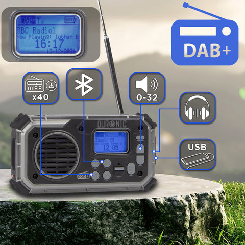 Duronic Portable DAB Radio featuring a backlit LCD display and icons highlighting its 40 presets, Bluetooth connectivity, 32-level volume control, headphone jack, and USB charging port.
