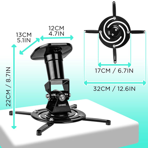 Duronic Projector Mount showing detailed dimensions in centimeters and inches.