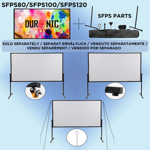 Duronic Projector Screen Product graphic showing Duronic SFPS projector screen models (80, 100, and 120 inches) alongside compatible replacement parts and three stand configurations featuring wheels, flat feet, and ground stakes.