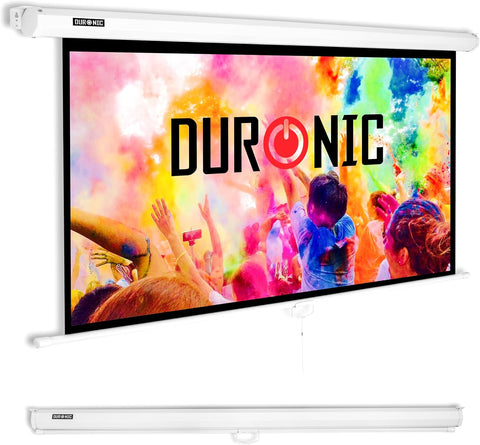 Duronic Projector Screen featuring a colorful high-definition display and a sleek white metal casing.