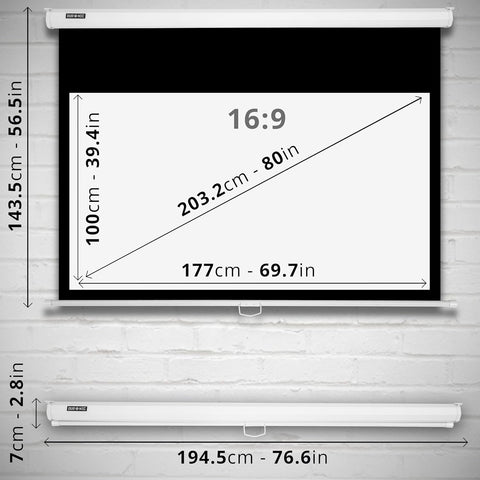 Duronic Projector Screen showing a viewing area of 177cm by 100cm and a total casing width of 194.5cm.
