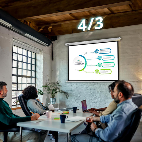 Duronic Projector Screen with a professional team collaborates in a modern, industrial-style office