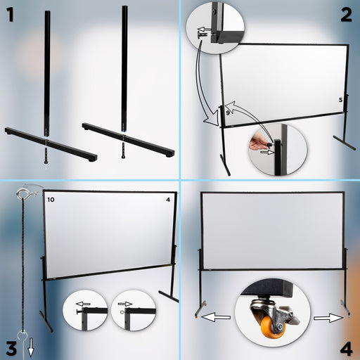 Duronic Projector Screen with four-step instructional graphic showing how to assemble a portable projector
