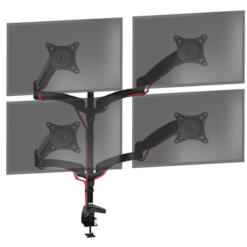 Duronic Quad Monitor Arm Stand featuring four adjustable gas spring arms and integrated cable management.