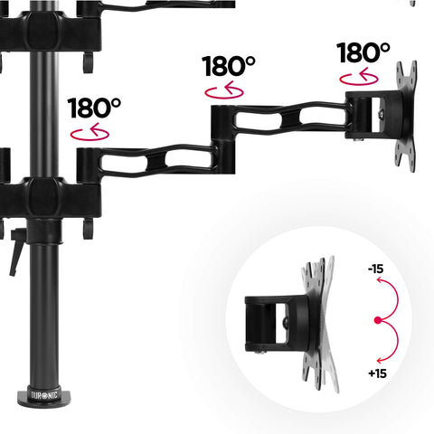Duronic Quad Monitor Arm Stand showing 180-degree swivel joints and vertical tilt adjustment.