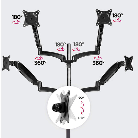 Duronic Quad Monitor Arm Stand showing full articulation, rotation, swivel, and tilt angles for adjustment.