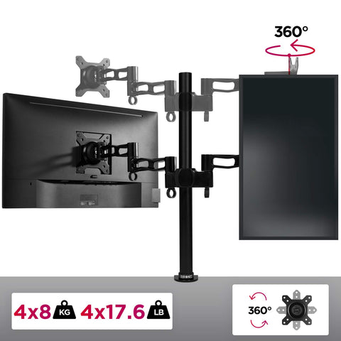 Duronic Quad Monitor Arm Stand supporting multiple screens, showing portrait rotation and weight capacity details.