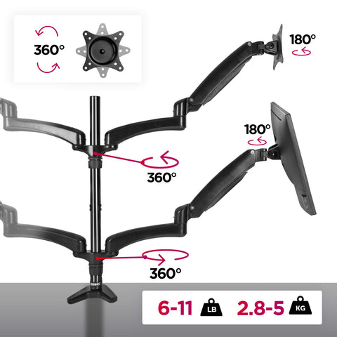 Duronic Quad Monitor Arm Stand with 360-degree rotation capabilities and specified weight capacity.