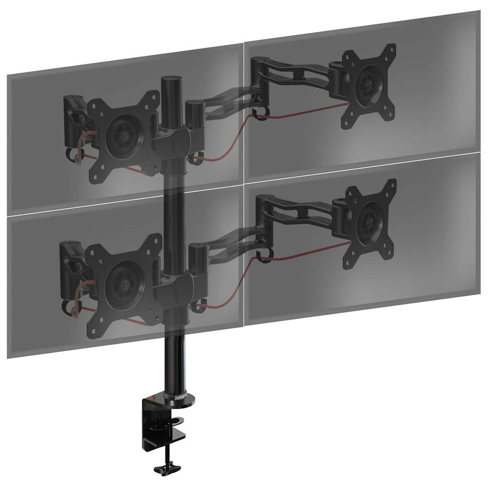 Duronic Quad Monitor Arm Stand with four adjustable arms and a secure C-clamp base.