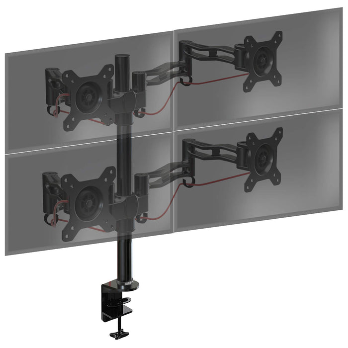Duronic Quad Monitor Arm Stand with four adjustable arms and a secure C-clamp base.