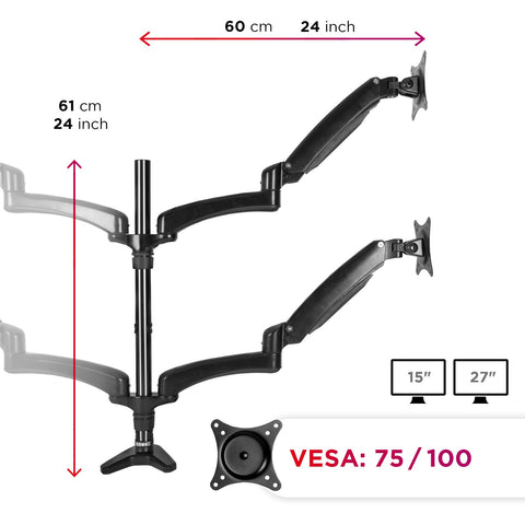 Duronic Quad Monitor Arm Stand with measurements, VESA 75/100 compatibility, and 15" to 27" screen support.
