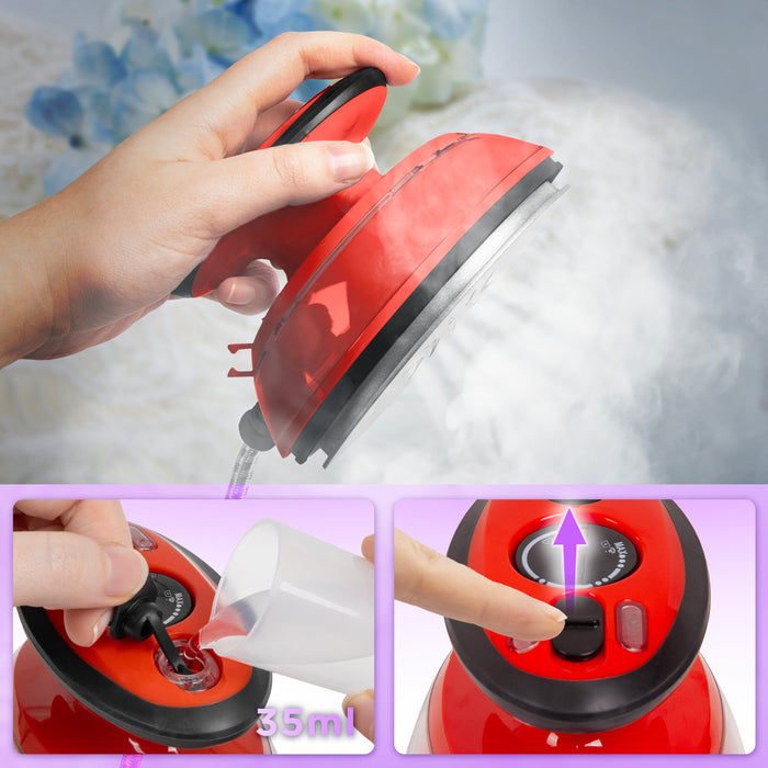 Duronic Red Travel Iron being filled with 35ml of water and demonstrating its steam-burst function.
