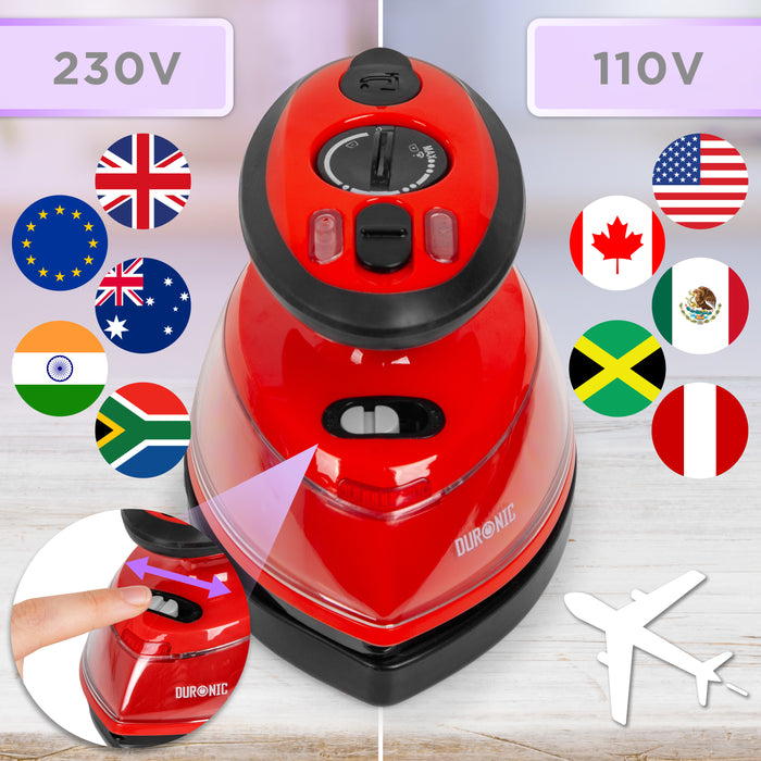 Duronic Red Travel Iron showing its dual-voltage switch, labeled for 230V and 110V use with corresponding international flags.