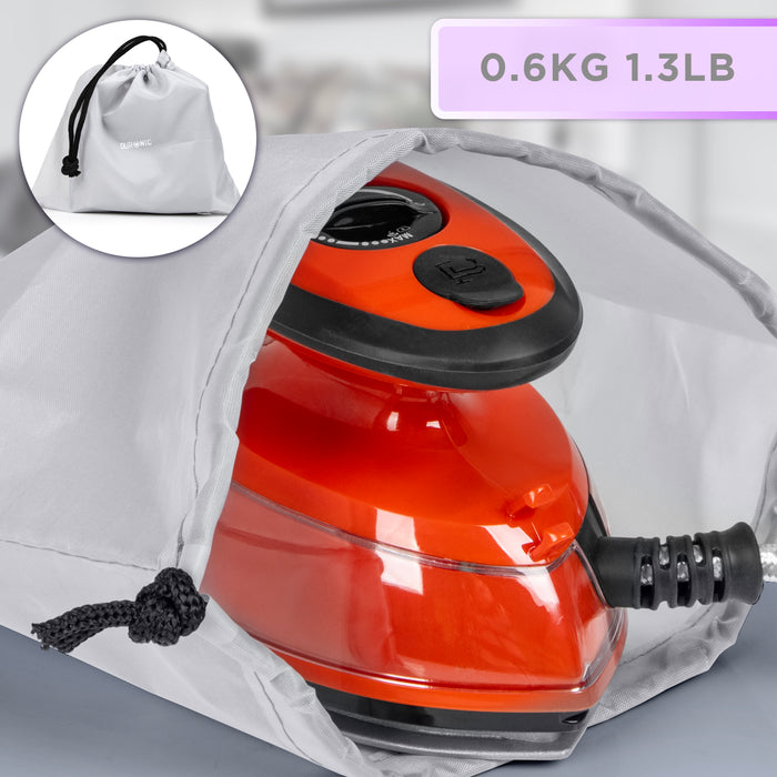 Duronic Red Travel Iron weighing 1.3 lbs is shown being tucked into its gray drawstring storage bag.