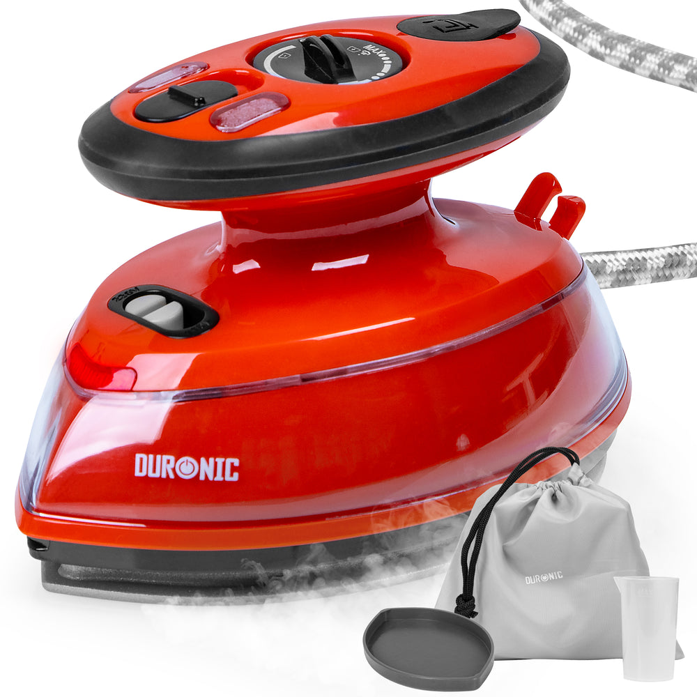 Duronic Red Travel Iron with its travel pouch, measuring cup, and resting base.