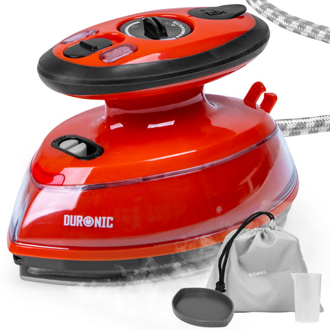 Duronic Red Travel Iron with its travel pouch, measuring cup, and resting base.