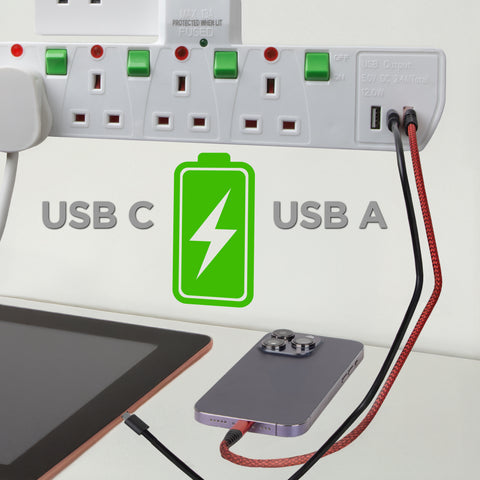 Duronic S125W electric surge protected extension lead with USB showing iPhone phone charging with USB cable