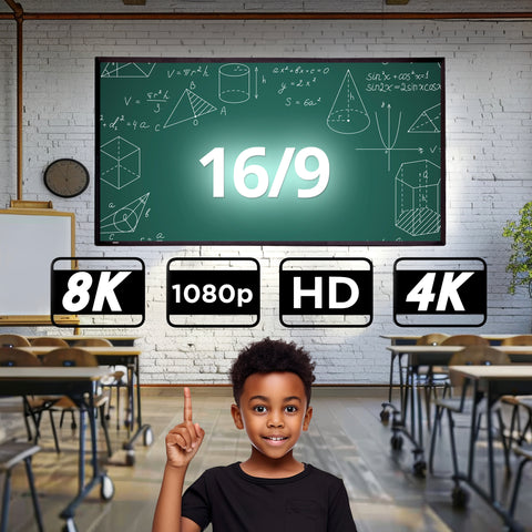 Duronic SFPS100 Projector Screens Gemini said with a young boy points upward in a classroom toward a large screen displaying "16/9" and educational graphics, with icons for 8K, 1080p, HD, and 4K resolution below it.