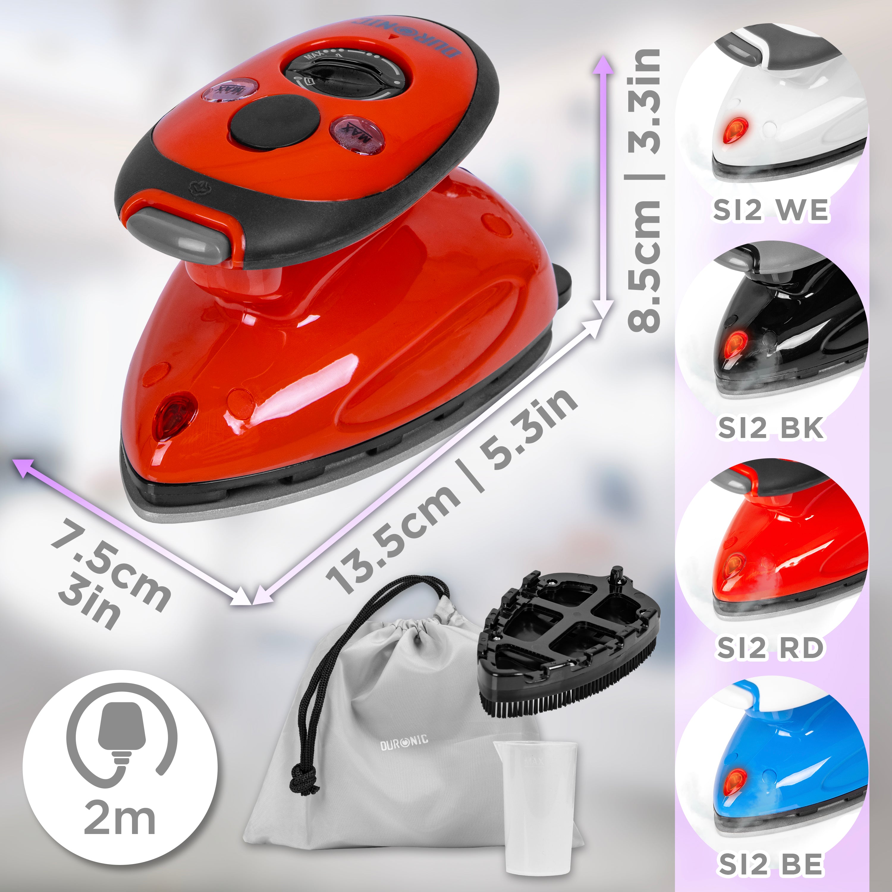 Duronic SI2 portable traveling iron variations in colours red blue black white