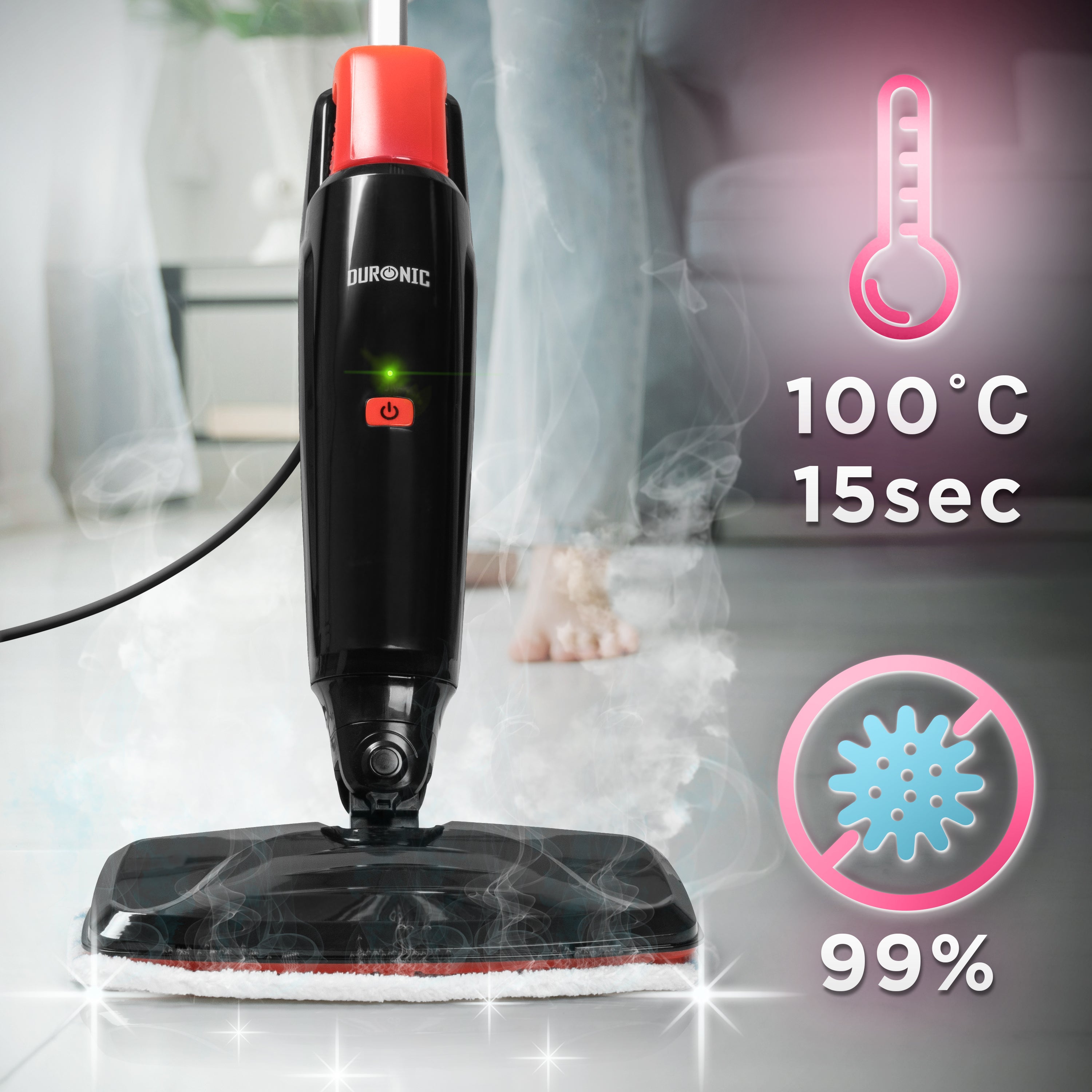 Duronic STM15 BK Steam Mops cleaning a tiled floor, highlighting a 100°C temperature reached in 15 seconds and a 99% bacteria elimination rate.
