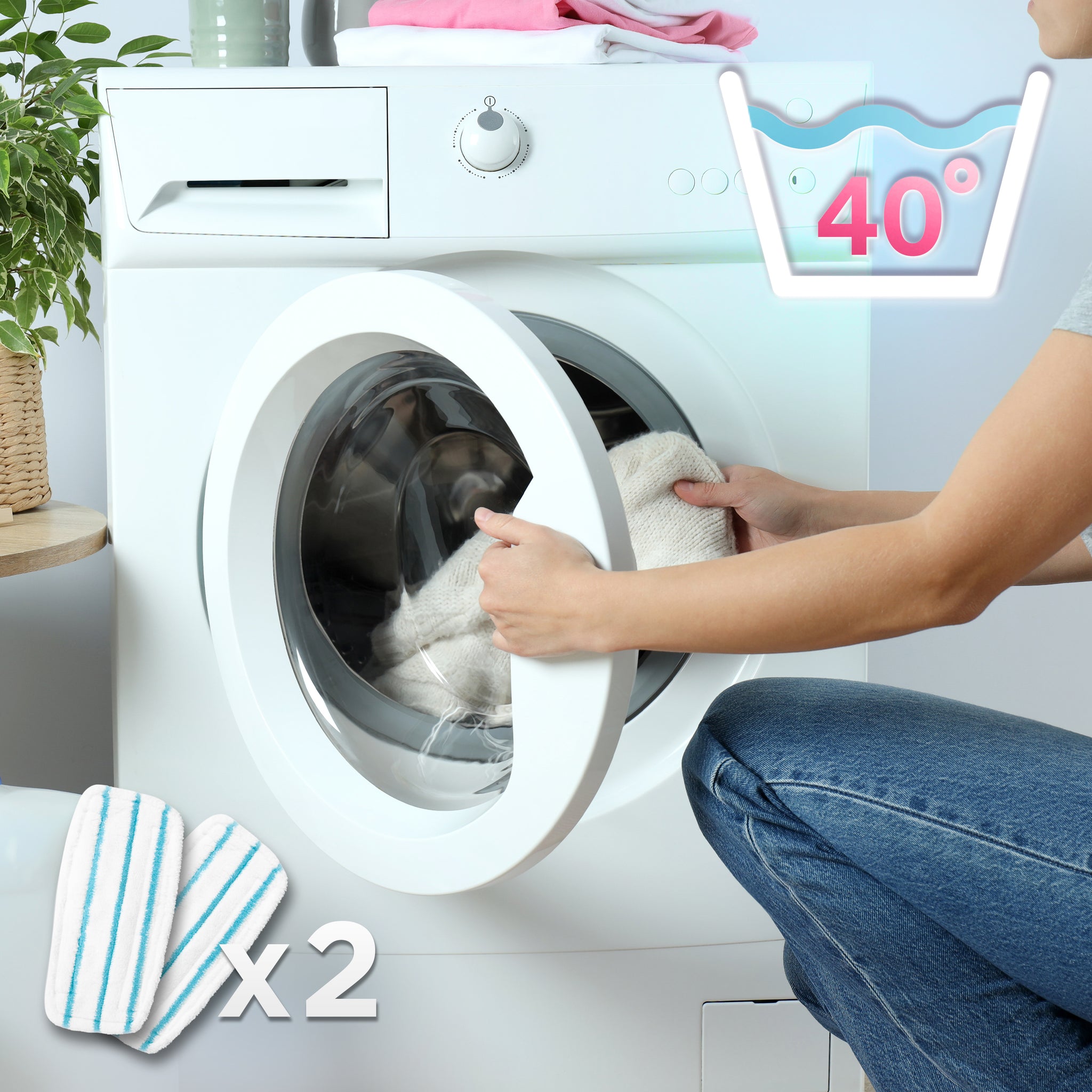 Duronic STM15 BK Steam Mops loading a white front-load washing machine with a reusable mop pad, featuring a 40°C wash temperature icon.
